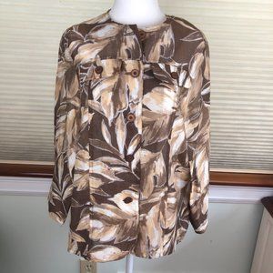Alfred Dunner Beige Brown Leaf Print Lightweight Jacket Artsy Quiet Luxury